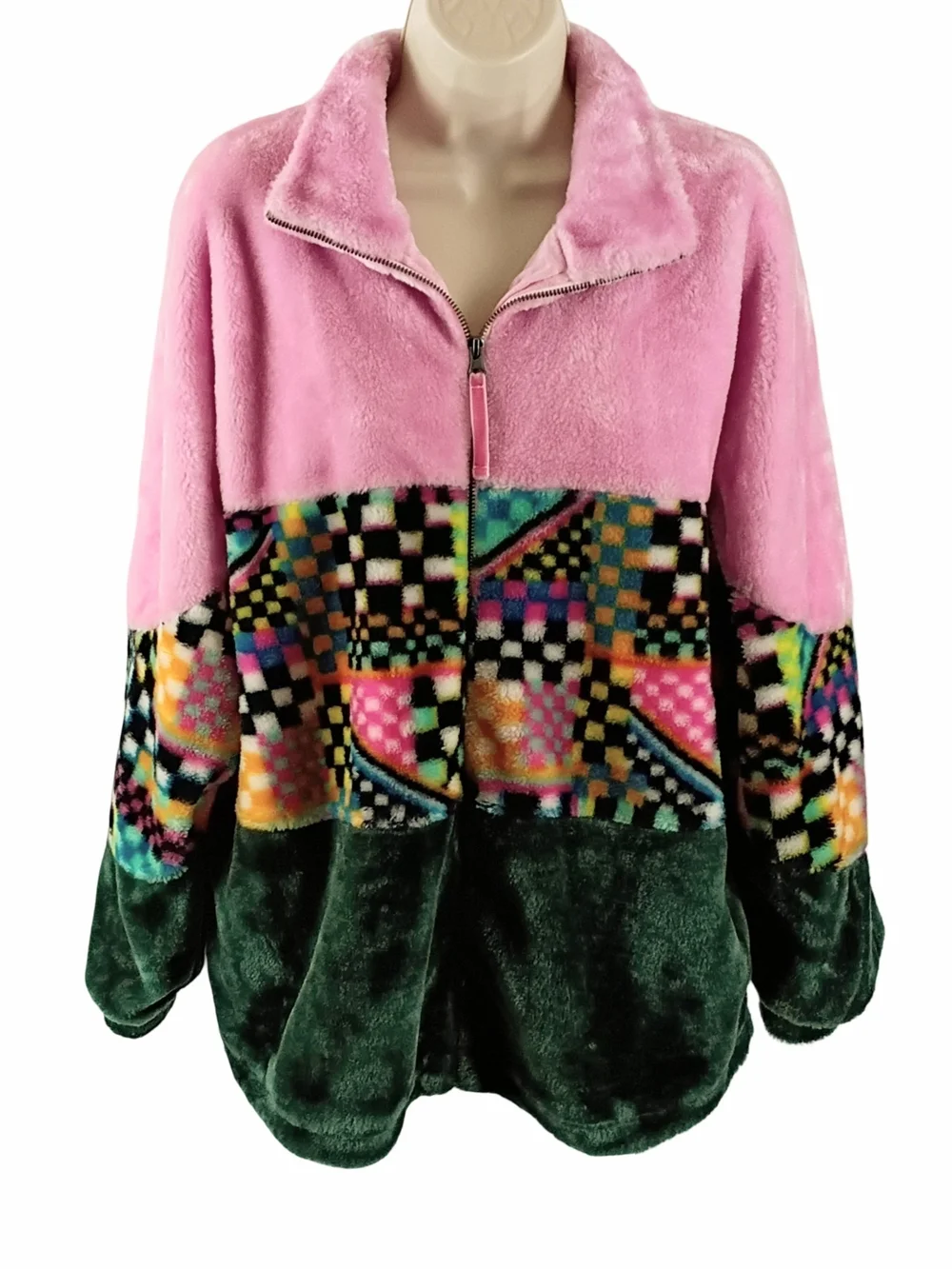 UGG Women's Plush Colorblock Jacket in Pink & Green with Multicolor Print